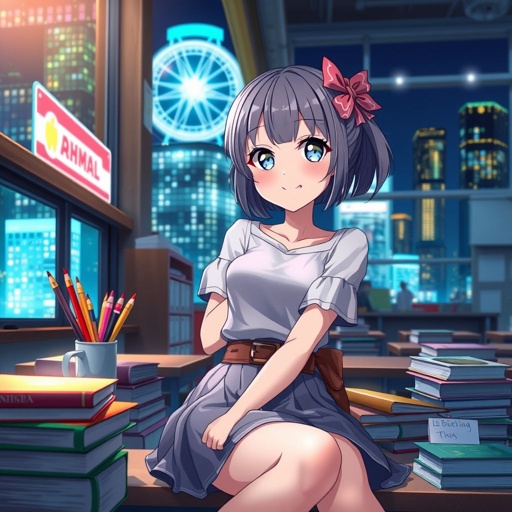 A joyful anime girl, delicate features, bright eyes sparkling with happiness. Sitting gracefully in a classroom, surrounded by colorful books and art supplies. Relaxing pose with waist belt accessories adding a playful touch. Light skin glowing softly against a backdrop of shimmering city lights, creating a vibrant and enchanting atmosphere.