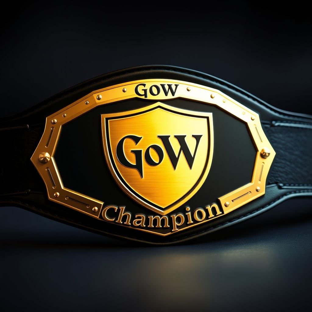 A stunning wrestling belt, featuring a sleek black leather strap. The centerpiece, a modern shield-shaped gold plate, gleams under soft lighting. "GoW" elegantly embossed at the top, showcasing bold craftsmanship. Below, the word "Champion" in an exquisite, striking font. No gems or intricate symbols, just pure, pristine design capturing prestige.