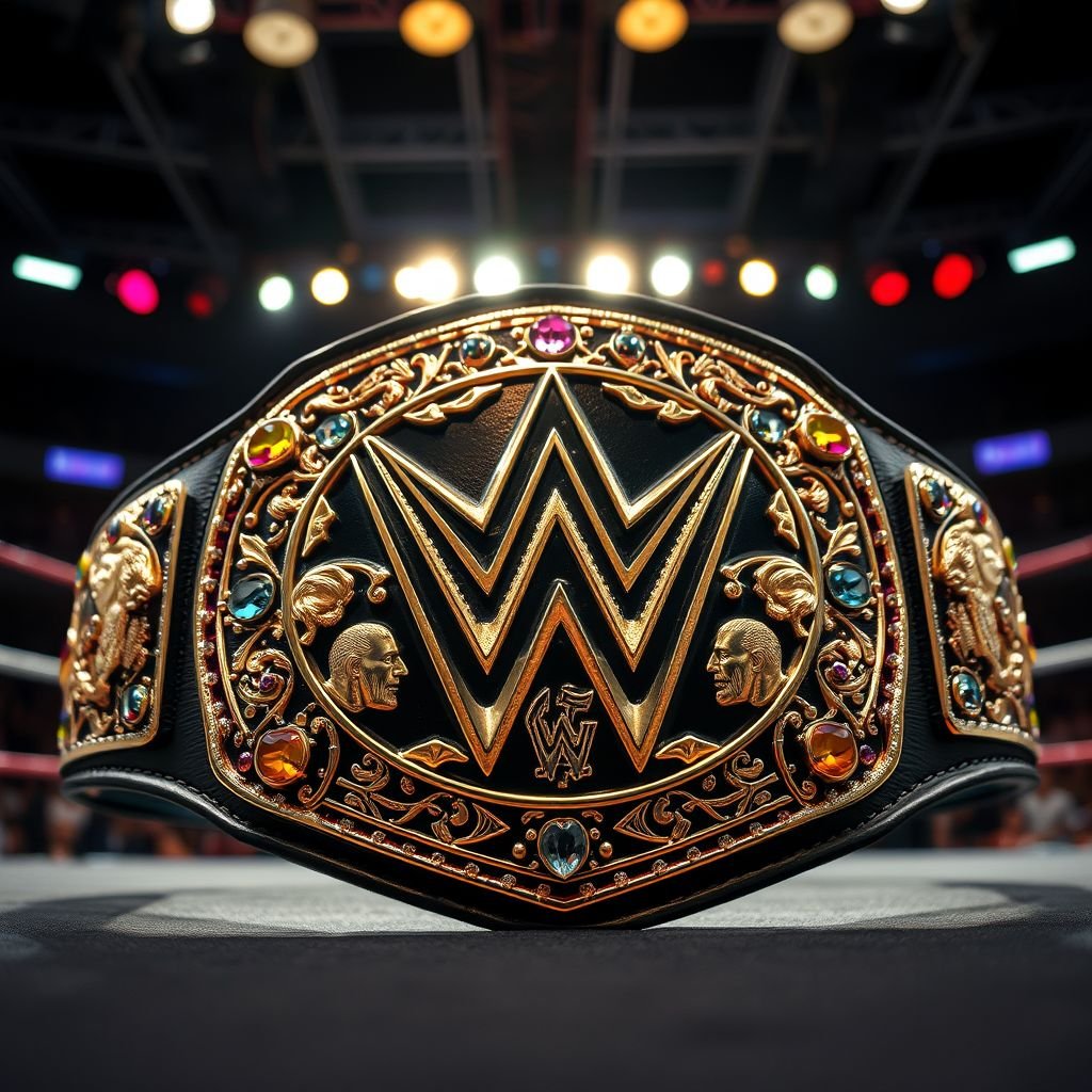 A championship wrestling belt, shimmering in rich gold and silver tones. Intricate leather straps, adorned with vibrant gems reflecting bold colors. Emblems of strength and valor engraved, showcasing iconic wrestling figures. A backdrop of a dramatic wrestling ring, bright overhead lights casting shadows. Audience anticipation fills the air with excitement.