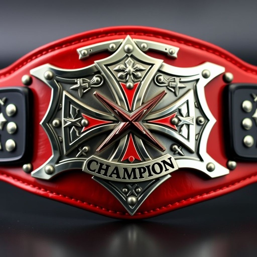 A wrestling belt featuring a bold cross logo with a prominent, stylized X. Crafted from rich leather, the strap showcases a striking red hue. The edgy shield plate boasts a polished silver finish, adorned with intricate cross crests and symbols. A prominent "Champion" text design, emphasizing power and triumph, completes the formidable look.