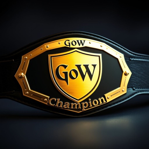 A stunning wrestling belt, featuring a sleek black leather strap. The centerpiece, a modern shield-shaped gold plate, gleams under soft lighting. "GoW" elegantly embossed at the top, showcasing bold craftsmanship. Below, the word "Champion" in an exquisite, striking font. No gems or intricate symbols, just pure, pristine design capturing prestige.