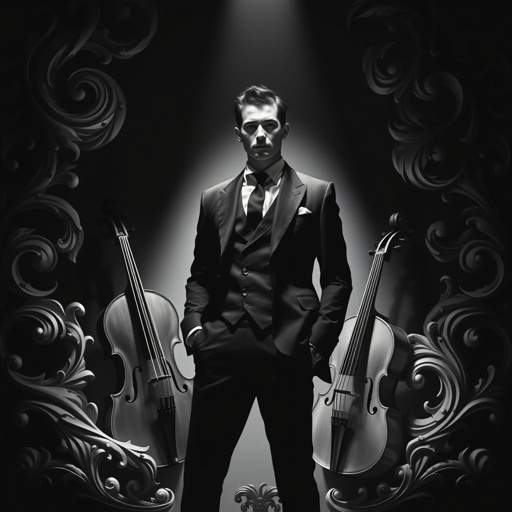 A striking figure in a tailored outfit, surrounded by surreal, swirling designs reminiscent of Baroque art. High-contrast black and white tones create dramatic shadows. Spotlighting emphasizes the person's confident posture. Classical instruments softly feature in the background, echoing grandeur. Intricate, ornate details frame the scene, embodying a contemporary twist on timeless elegance.