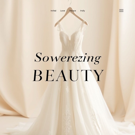 A sleek web page ad featuring a stunning bridal dress, ethereal lace and flowing silk cascading elegantly. Picture a soft-focus background, embracing muted beige and ivory tones. Empowering text layered over the image, elegant typography showcasing strength and beauty. Minimalist icons enhancing modern design, inviting simplicity and sophistication throughout the layout.