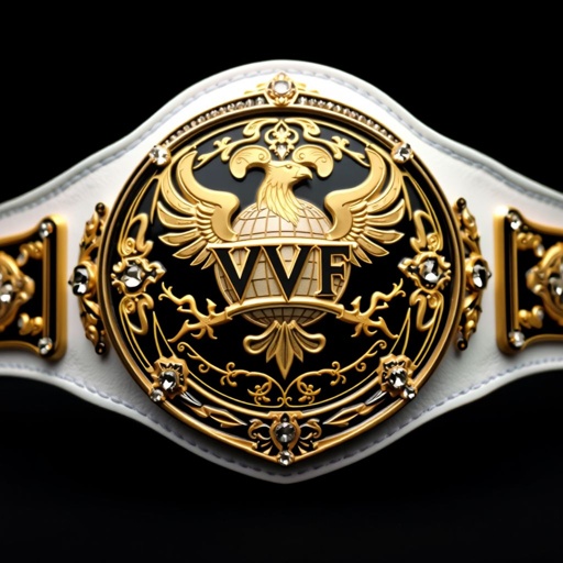 A stunning wrestling belt, encapsulating the VWF Paramount championship. Sophisticated black metal center plate adorned with intricate gold and white engravings. A luxurious leather belt featuring a pristine white strap. Oval-shaped design, midnight black background, accented by a globe champion motif. Shimmering diamond gemstones, embellishing majestic phoenix crests and symbols, signify victory.