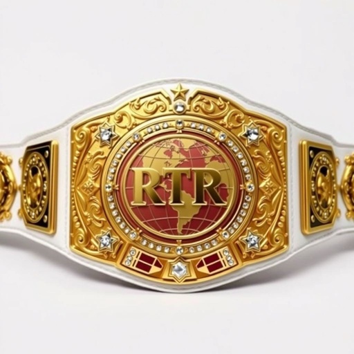 A grand wrestling belt displayed proudly, showcasing the title of RTR Outercontinental Champion. Opulent gold plates gleam against a pristine white leather strap. A rectangular centerpiece features a majestic globe design, adorned with sparkling crystal gemstones. Star crests and intricate symbols embellish the edges, exuding a sense of power and victory.