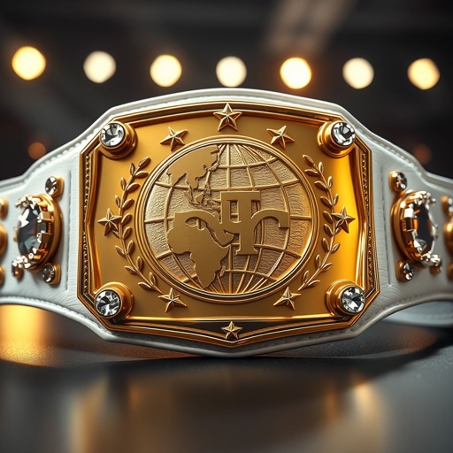 A grand wrestling belt, RTR Outercontinental Champion glimmers under bright lights. Soft white leather wraps around a rectangular gold plate, etched with a detailed globe champion design. Crystal gemstones sparkle at the corners, while star crests and unique symbols embellish the surface. A bold, modern statement of victory and prestige.