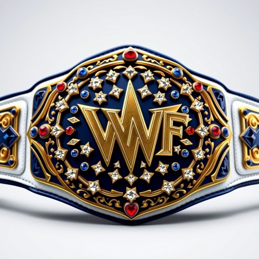 A luxurious wrestling belt, the VWF Universal World Championship, showcased in grand blue and pristine white leather strap. Intricate plates gleam with blue, red, and yellow gems. A field of white stars radiates above the main plate. Navy blue side plates shimmer beside royal blue accents, rich textures, and elaborate designs capturing wrestling's legacy.