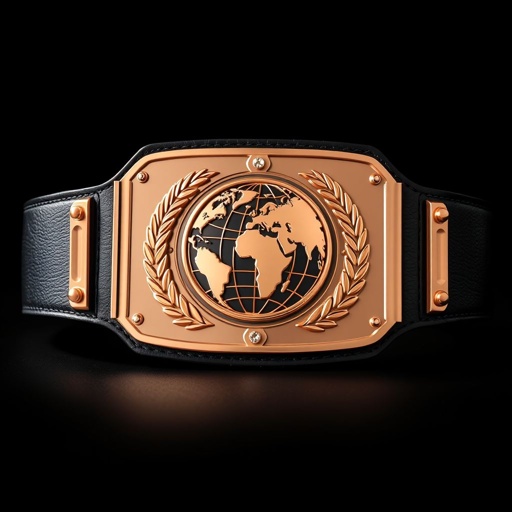 A striking wrestling belt with a sleek, rectangular plate shimmering in rose gold. The luxurious black leather strap wraps around with precision, exuding modern elegance. A detailed globe champion design dominates the center. The belt's extra-large size speaks of triumph, while the absence of gemstones emphasizes a bold, minimalist aesthetic.