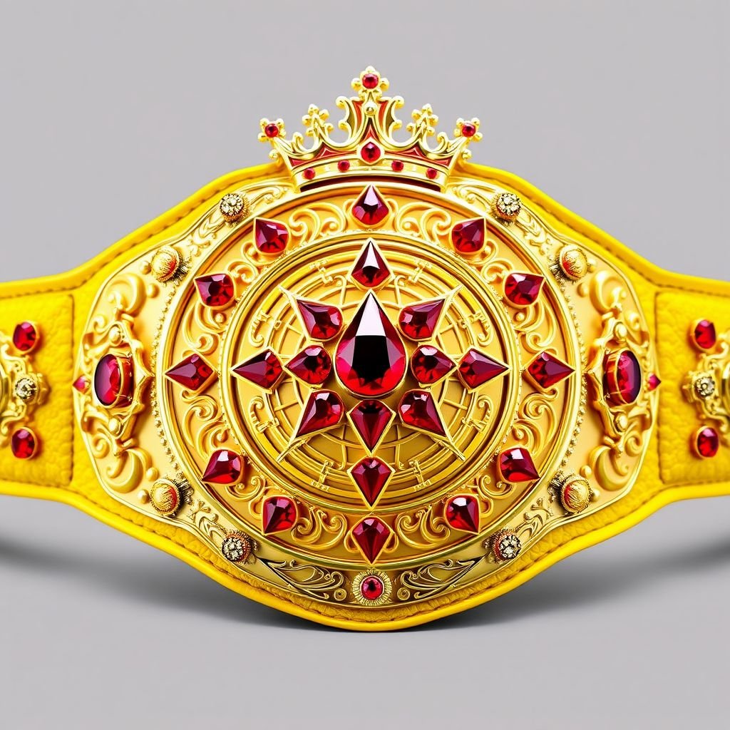 A magnificent wrestling belt, the VWF Universal Ultimate Golden Sovereign Championship. A luxurious golden plate adorned with dazzling red diamonds, intricate patterns interspersed throughout. A rich yellow leather strap, opulent and textured. Crown crests glimmering, symbolizing power and prestige. An impressive globe design captures the spirit of champions, exuding grandeur.