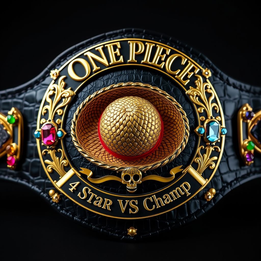 A prestigious wrestling belt centered with a detailed straw hat from “One Piece.” Above, elegant typography reads “One Piece Bounty Rush,” while below, “4 Star VS Champ iFeedYouLead” scrolls in shimmering gold. Alligator skin material envelops the luxury plates, adorned with multicolor gems and skull crests, exuding a rich, opulent aura.