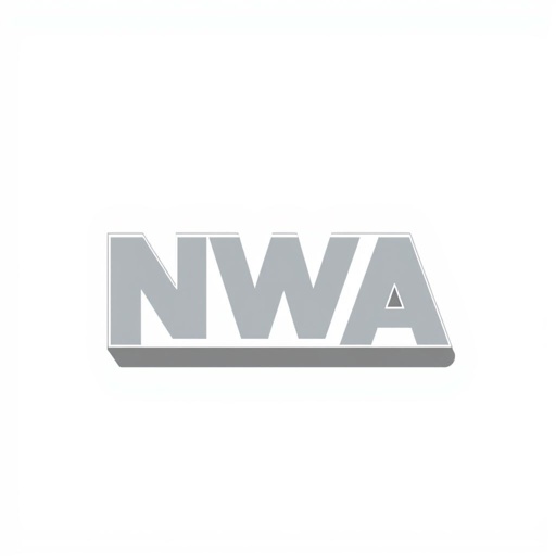 NWA logo design featuring bold, stylized lettering. A modern interpretation with clean lines and geometric precision. Neutral color palette of soft grays, whites, and muted blues. Square shape encapsulating depth. Subtle 3D texture offering dimensionality, creating a sophisticated, contemporary feel. Minimalist aesthetic, strong brand identity, cultural resonance, and timeless appeal.
