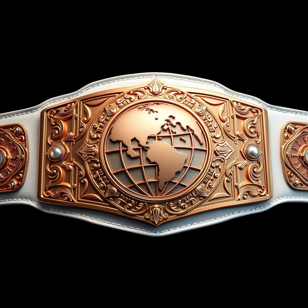 A magnificent wrestling belt showcasing a stunning outercontinental champion design. Crafted from premium leather, gleaming with a rectangular plate in rose gold. The pristine white strap adds elegance, while the realistic art style emphasizes intricate details. A bold globe champion motif adorns the center, embodying strength and prestige. Extra-large stature commands attention.