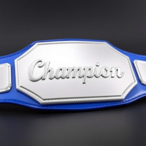 A championship wrestling belt featuring a striking blue synthetic strap, contrasting with a sleek silver plate. The modern serrated plate design showcases a bold "Champion" etched in elegant typography. Detailing highlights the realistic texture of the synthetic material. Adult size, devoid of any crests or symbols, purely showcasing victory and prestige.