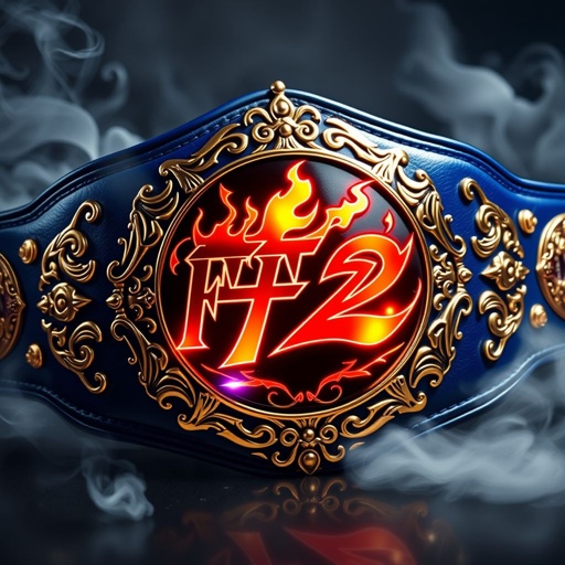 A gleaming wrestling belt, intricately designed with ornate gold filigree. Deep blue leather, securely stitched, wraps around the centerpiece. The iconic FF2 logo, bold and fiery, shines prominently, surrounded by a backdrop of swirling smoke. Holographic accents glimmer under spotlight, evoking a sense of power and triumph, perfect for champions.