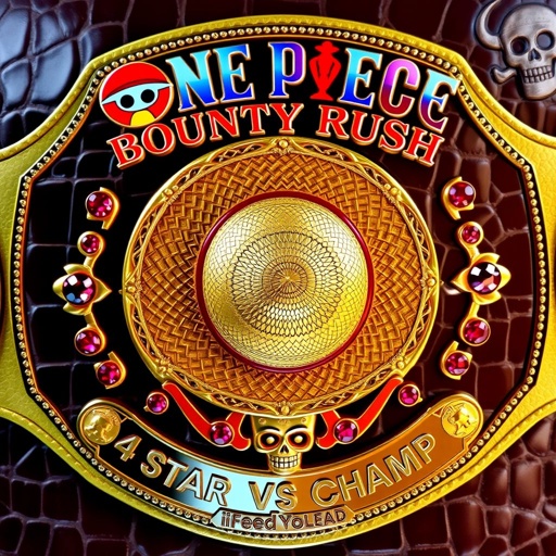 A luxurious alligator skin wrestling belt, featuring a large straw hat from “One Piece” at the center. Above, vibrant letters spell “One Piece Bounty Rush,” while below, “4 Star VS Champ iFeedYouLead” elegantly displayed. A gleaming gold and multicolored plate, adorned with ruby gemstones, skull crests, and intricate symbols.