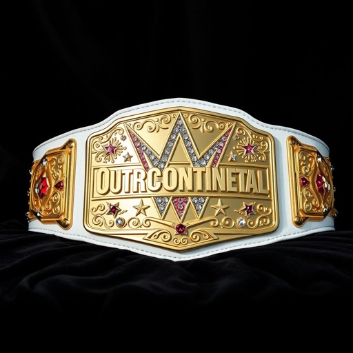An intricately designed wrestling belt rests against a luxurious black velvet backdrop. The outercontinental champion title gleams in gold across a rectangular plate. A pristine white leather strap contrasts beautifully, embellished with vibrant star crests and enigmatic symbols. Crystal gemstones shimmer, adding an air of opulence to this extra-large masterpiece.