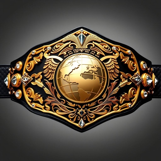 A luxurious wrestling belt designed for tag teams, featuring a supple black leather strap. Intricate gold plates with elaborate shapes adorn the center, showcasing a globe champion motif. Crystal gemstones sparkle at the edges, while majestic eagle crests and symbols embellish the design, embodying strength and excellence in a realistic art style.