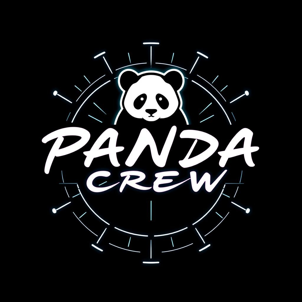 Logo design features "PANDA CREW" in an elegant, flowing handwriting text font. Futuristic elements encapsulate the lettering, highlighting sleek lines and neon colors. A minimalistic panda silhouette integrated into the text, whimsical yet modern. Centralized orientation emphasizes balance and symmetry, creating a striking, memorable visual identity brimming with creativity.