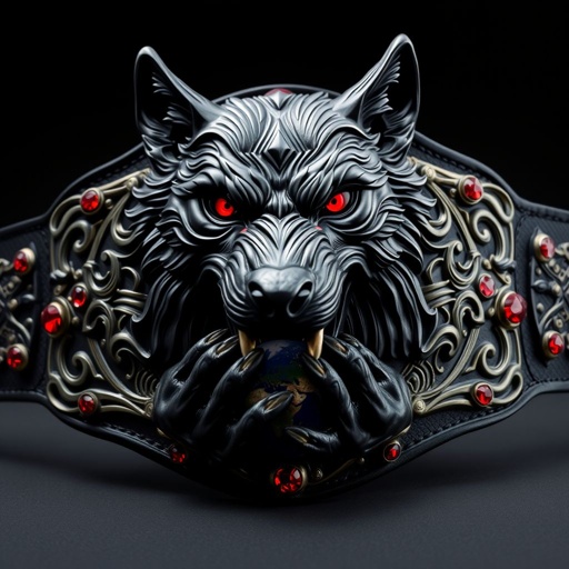 A wrestling belt featuring a fierce black wolf with striking red eyes, gripping the Earth delicately between its jaws. Sleek metal belt material, edgy plate design adorned with intricate patterns, a black strap contrasting the vibrant colors. Gothic art style elements weave around, enhanced by shimmering ruby gemstones, exuding a powerful aura. 