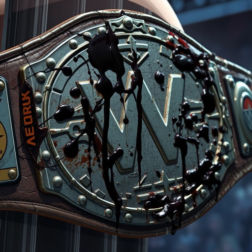 A tarnished wrestling belt, glistening with remnants of sweat and grime. Dark, viscous stains marking its surface, capturing the aftermath of defeat. Textured leather, cracked and weary, adorned with faded logos. An atmosphere of tension and despair, set against a stark, colorful anime backdrop of dynamic motion and exaggerated expression.