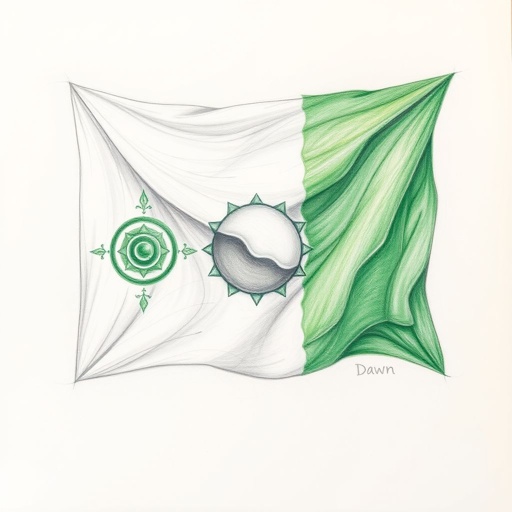 Artwork featuring a white and green flag, intricately designed in an abstract art style. Pencil medium creates subtle shading and delicate details. Mythological symbols intertwine, invoking ancient stories. A tetradic color palette enriches depth, while dawn lighting casts a soft glow. Smooth texture invites tactile curiosity, anchored by a golden ratio composition and an aerial perspective.