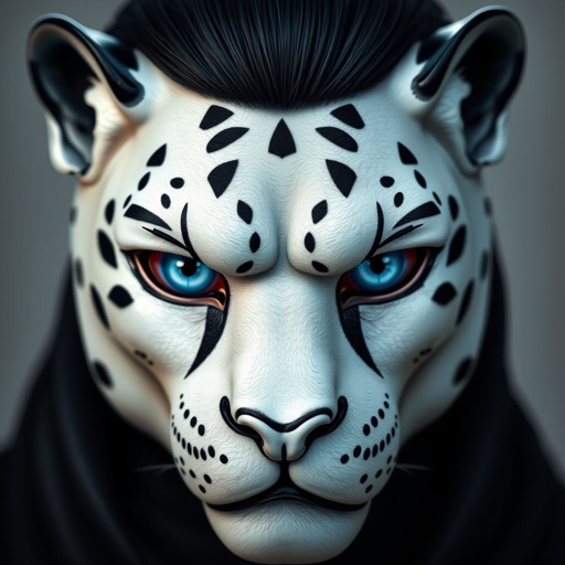 A striking masked face adorned with a snow panther mask, showcasing fierce blue eyes. The mask features a round eye shape and a prominent Greek nose type. A neutral mouth expression complements the light skin tone. Bald with sleek black hair, the foldable mask adds an air of mystique and intrigue.
