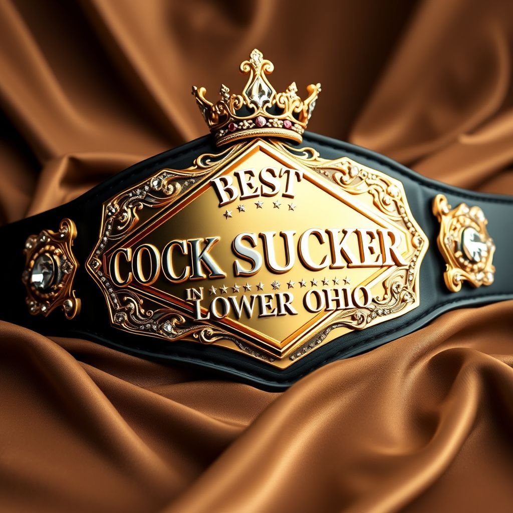A luxurious wrestling belt displaying “BEST COCK SUCKER IN LOWER OHIO” prominently. Suede material gracefully draping, a sleek black strap enhancing elegance. A diamond-shaped golden plate glimmers, ornate crown design atop. Radiant diamond gemstones embedded, reflecting light, the overall grandeur radiating a sense of prestigious humor and bold personality.