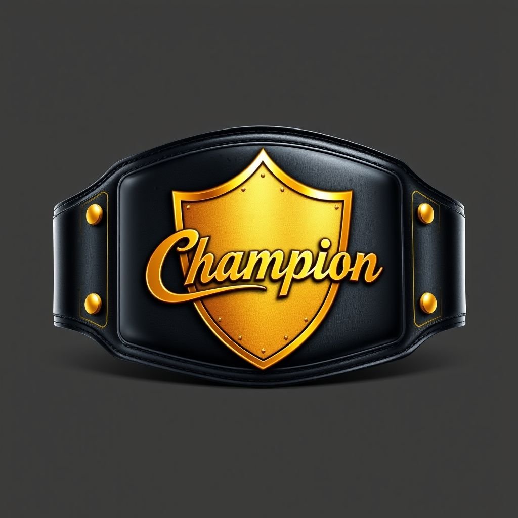 A wrestling belt, gleaming and proud, fashioned from luxurious black leather. The medium-sized strap encircles an elegant, modern shield plate. Glimmering gold shines against the leather backdrop, showcasing a prominent "Champion" text design. Simple yet powerful, devoid of gemstones or elaborate crests, epitomizing strength and victory in a realistic art style.