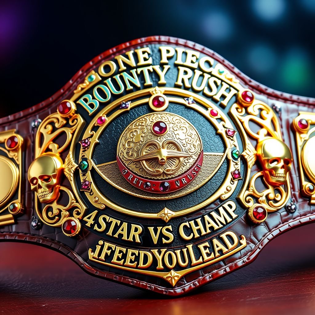 An extravagant wrestling belt, alligator skin texture, luxurious gold plates, vibrant multicolor embellishments. Centered, a Straw Hat from "One Piece," adorned with intricate details. Above, bold lettering: “One Piece Bounty Rush.” Below, the phrase “4 Star VS Champ iFeedYouLead.” Accented with skull crests, gleaming ruby gemstones, and a grandiose design.
