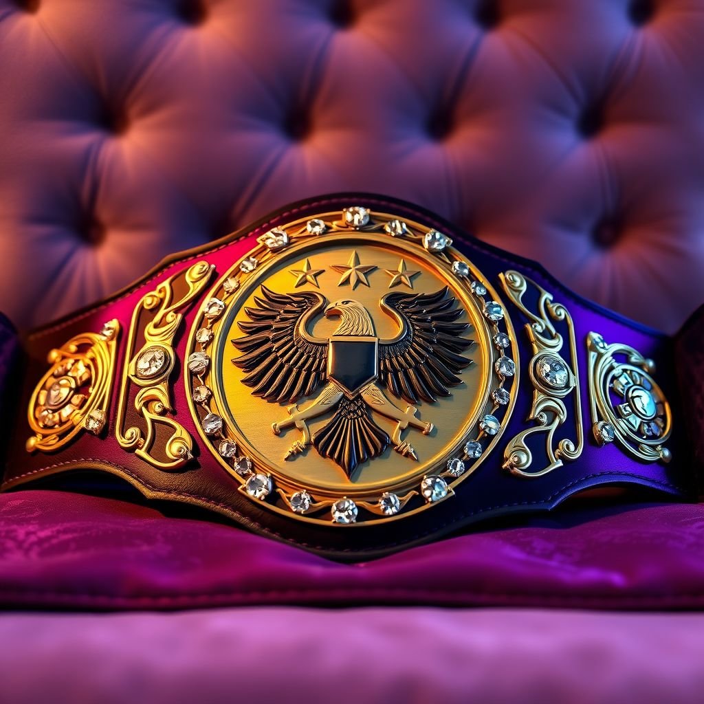 A grand wrestling belt rests elegantly against a plush, velvet backdrop. The dark purple strap gleams softly under ambient light. A large, circular main plate, rich in darker gold tones, showcases intricate eagle and laurel motifs. Surrounding the central emblem, sparkling diamond gemstones glisten. Vintage craftsmanship exudes excellence and prestige. 