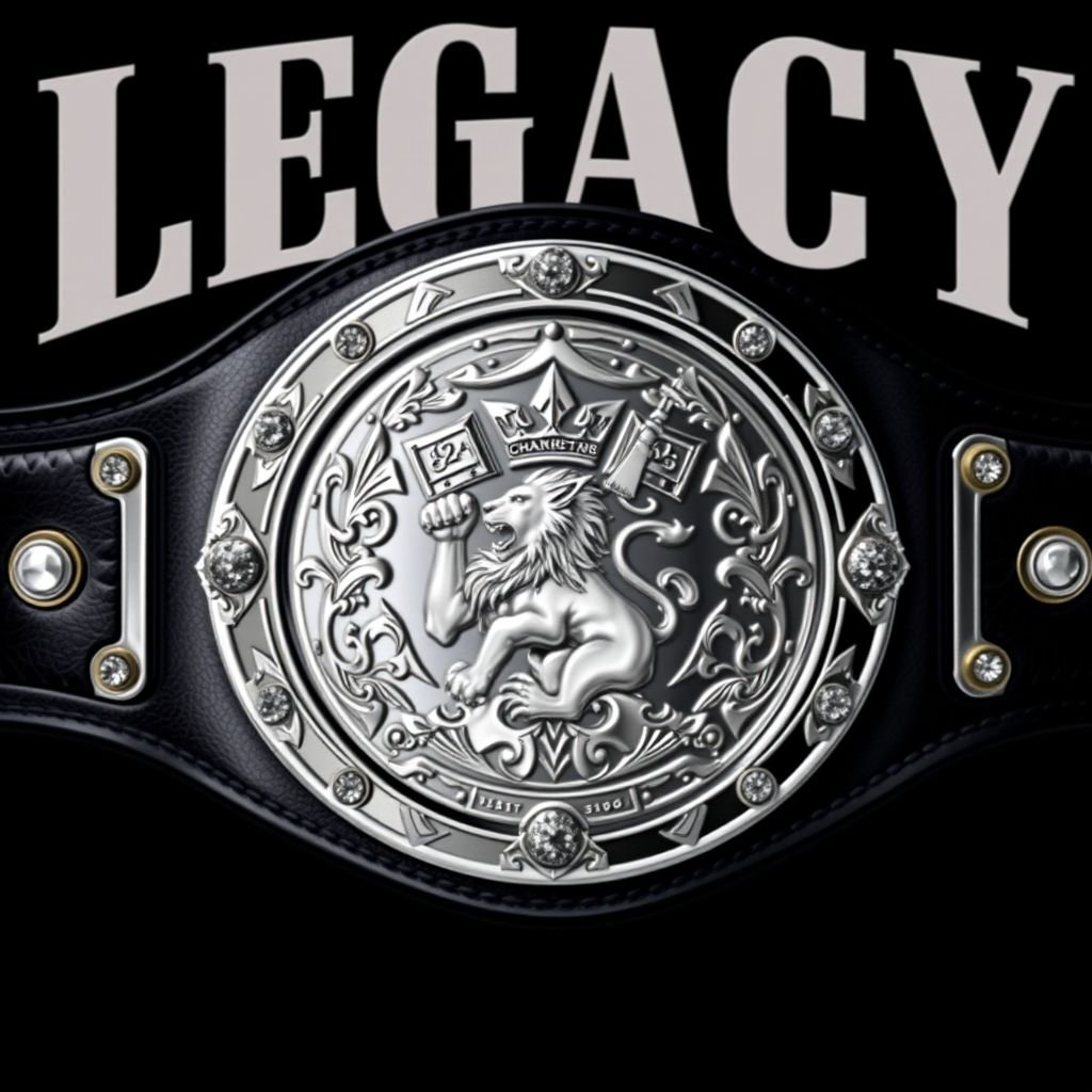 A striking wrestling belt showcasing the words "Legacy Championship" in bold, elegant lettering. Luxurious leather material forms a sleek black strap. A circular silver plate gleams with a detailed engraving of a lion champion design, surrounded by ornate lion crests and symbols. Adorned with sparkling crystal gemstones, adult size. Realistic art style.