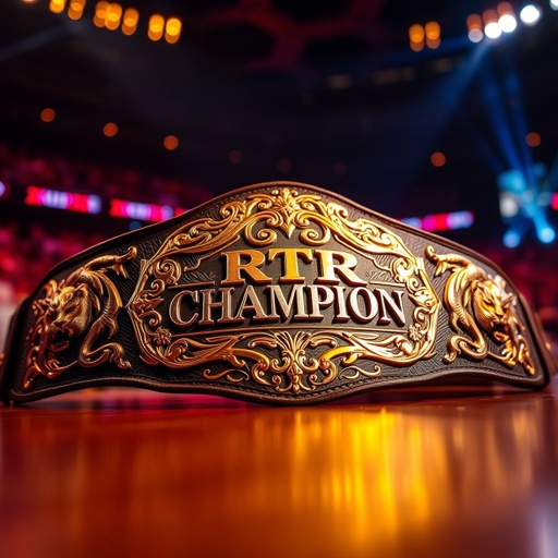 An ornate wrestling belt gleams under vibrant arena lights. Gold and silver plates adorned with intricate patterns shimmer, reflecting the excitement of the crowd. "RTR CHAMPION" emblazoned in bold, metallic letters at the center. Side plates featuring fierce animal motifs and detailed engravings. A deep, rich leather strap, slightly worn yet regal.