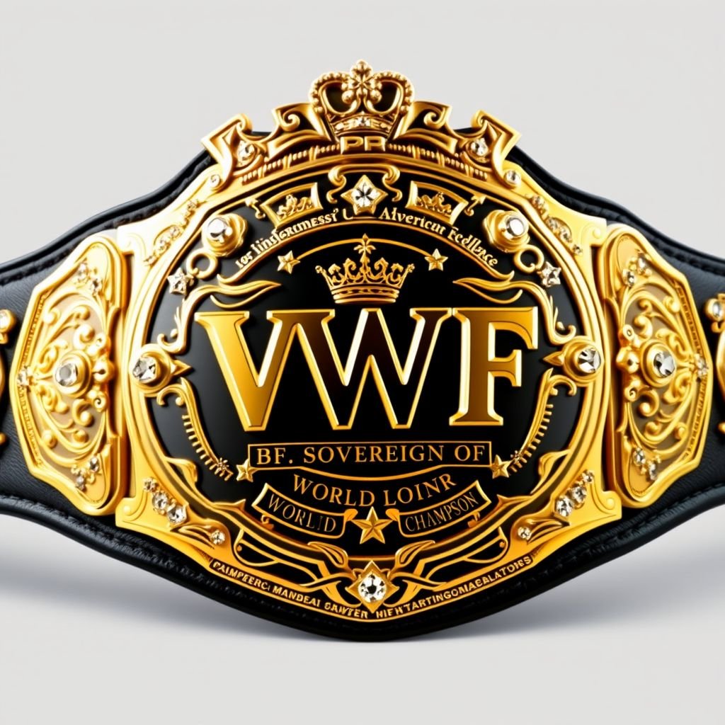 A lavish wrestling belt, VWF Sovereign World Championship, adorned with a rich black leather strap. Four opulent gold side plates gleam beside a grand main plate, intricately engraved. Crown motifs and star symbols embellish the design, alongside shimmering diamond gemstones. An expression of prestige, mastery, and timeless excellence in each detail.