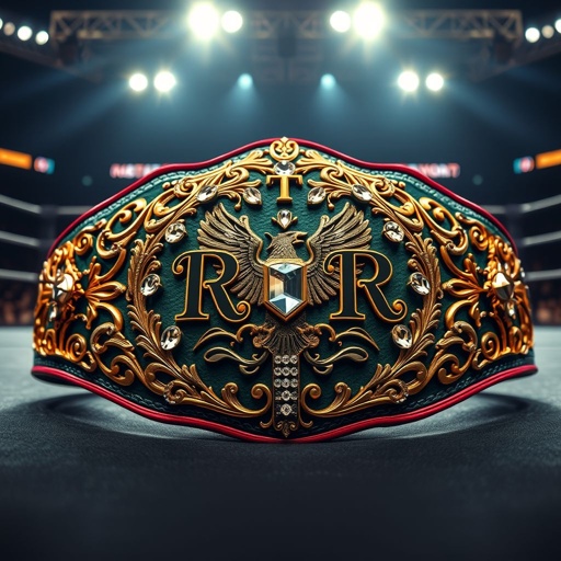 A gleaming wrestling belt, the RTR Outercontinental Champion title, adorned with intricate gold filigree designs. Deep emerald leather background, reflecting prestige and strength. Large, sparkling gemstones embellishing the center plate, catching light. Engraved initials and a fierce eagle emblem. A backdrop of a wrestling ring, illuminated under bright arena lights.