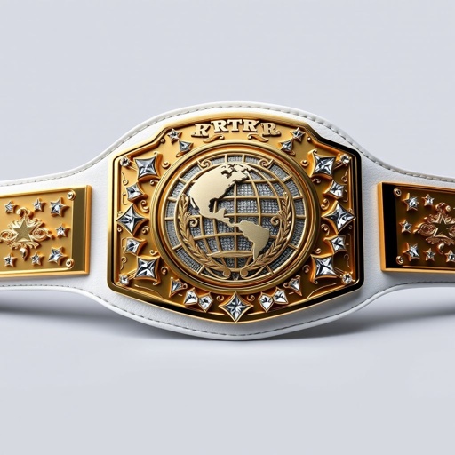 A luxurious wrestling belt, RTR Outercontinental Champion. Crafted from supple leather, a pristine white strap, and a striking rectangular gold plate. An intricate globe champion design gleams with crystal gemstones, exuding elegance. Extra-large dimensions highlight ornate star crests and symbols, reflecting modern artistry and an aura of prestigious victory.