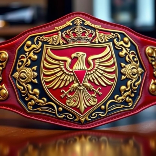 A majestic wrestling belt, crafted from luxurious leather. Edgy plate design gleams in vibrant gold. Bold strap in deep crimson. Intricate shield plate shape showcases Art Nouveau elegance. An imposing eagle champion design, fierce and proud. Extra-large size adorned with ornate crown crests and symbols, radiating regality and triumph.