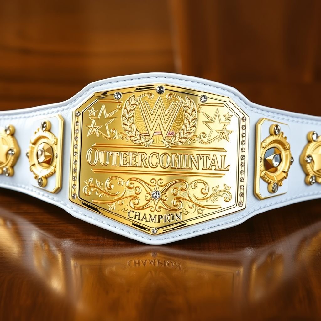 A championship wrestling belt resting on a polished wooden surface. The outercontinental champion title elegantly embossed on the rectangular, shining gold plate. Surrounding it, intricate star crests and symbols etched into the metal. A pristine white leather strap contrasts against the vibrant gold. Crystal gemstones twinkle, adding opulence to the imposing design.