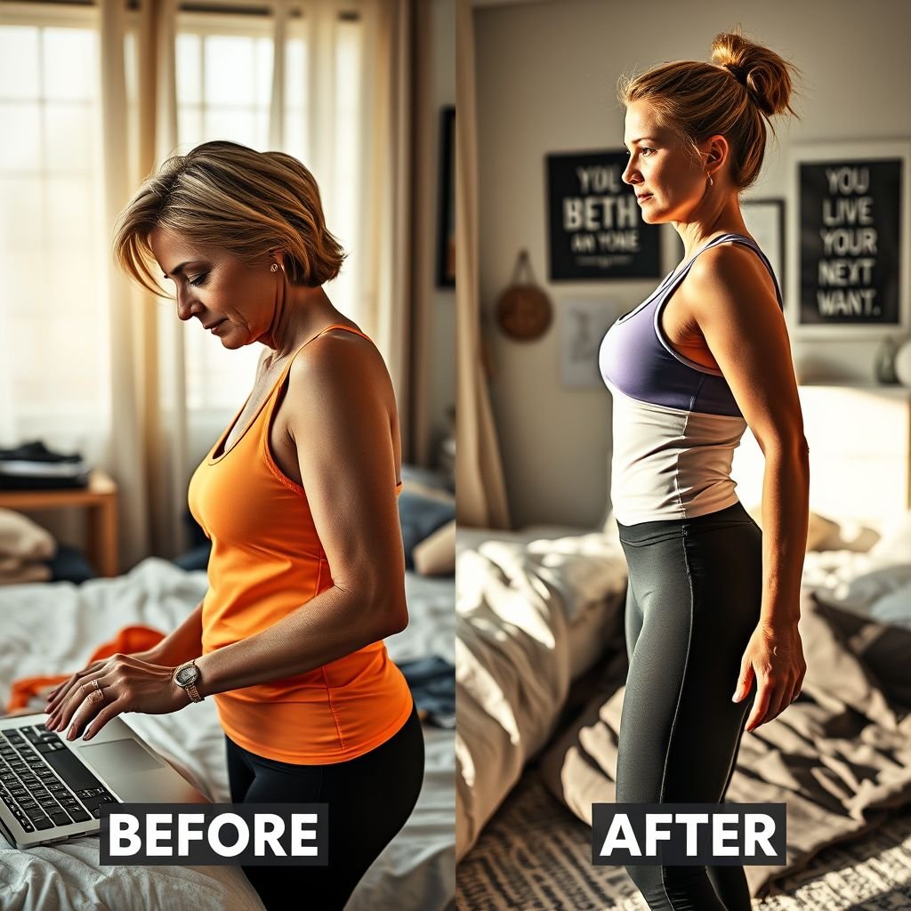 **Before Image Prompt:**
A middle-aged fit woman, side profile, slouching posture accentuated. Concentrated expression, facing laptop with a focused gaze. Sportswear outfit—bright tank top, fitted leggings. Messy bed in the background, casual bedroom decor. Afternoon light filtering through curtains, creating a warm, inviting atmosphere. A snapshot of daily life, realistic portrayal.
**After Image Prompt:**
Same middle-aged fit woman, side profile, standing upright with improved posture. Confident expression, focused gaze now relaxed and open. Stylish sportswear—matching top and bottoms. Bedroom background, tidy with motivational decor. Afternoon sunlight enhancing the scene, casting soft shadows, exuding a sense of accomplishment and transformation.