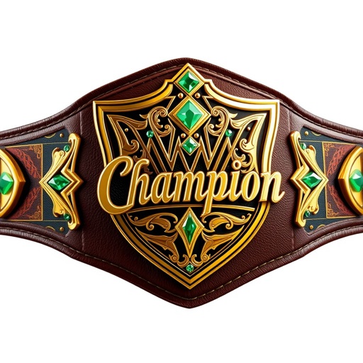 A striking wrestling belt, Season 1 Champion designation. Rich leather material, bold green strap accented with an edgy plate design. Shield plate shape gleaming in gold, intricate details captivating. Text "Champion" elegantly displayed, adorned with sparkling emerald gemstones. Extra-large size commands attention, realistic art style showcasing every exquisite feature, from texture to shine.
