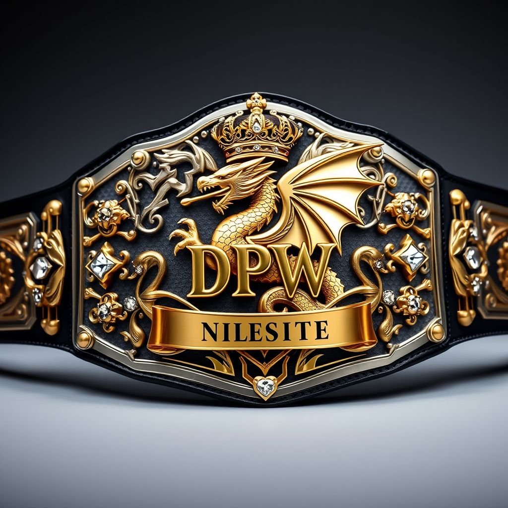 A magnificent wrestling belt, adorned with a regal gold dragon wearing an intricate crown. The DPW Undisputed logo occupies a central position. A metal belt shines with an edgy plate design, complemented by a sleek black strap. Gold plate accents highlight gothic artistry, while cubic zirconia gemstones sparkle amidst crown crests and symbols.