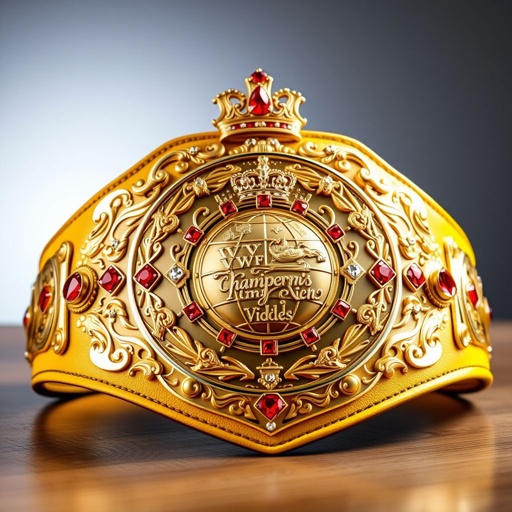 A majestic wrestling belt, VWF Universal Ultimate Golden Sovereign Championship. Grand intricate design, luxurious gold plate adorned with sparkling red diamonds. A bold yellow leather strap, rich texture. Unique plate shape showcasing a globe champion design. Crown crests and symbols engraved artistically, diamond gemstones glinting, exuding opulence and supremacy, commanding attention.
