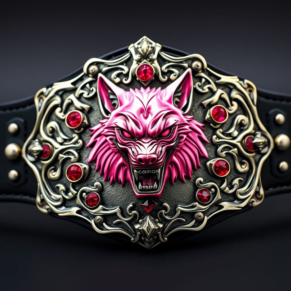 A striking wrestling belt featuring an intricate, edgy plate design adorned with bold motifs. The centerpiece, a fierce pink wolf, symbolizes strength and determination, highlighted by glimmering ruby gemstones. A sleek black strap complements the metallic finish, creating a perfect blend of gothic art style and contemporary flair, tailored for adults.