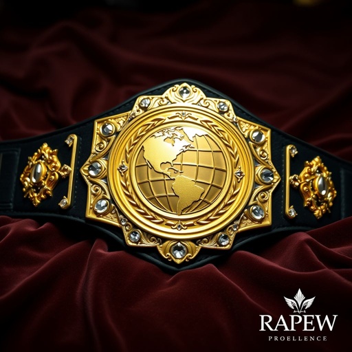 A luxurious wrestling belt resting on a velvet surface, featuring a deep black suede strap. An intricately shaped gold plate gleams at the center, showcasing an elegant globe champion design. Sparkling diamond gemstones adorn the edges, reflecting light. The RCW Apex logo elegantly engraved, exuding prestige and excellence in a realistic art style.