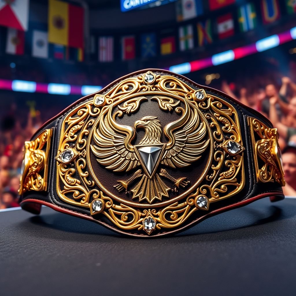 A gleaming championship wrestling belt, adorned with intricate gold filigree. Leather straps, rich and dark, elegantly wrap around a polished centerpiece displaying a fierce eagle emblem. Sparkling gemstones catch the light, highlighting the belt’s prestige. Surrounded by a vibrant arena atmosphere, energetic fans in the background, colorful banners waving proudly.