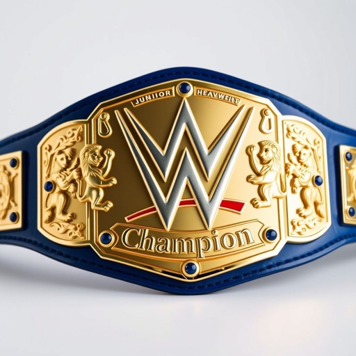 A pristine WWE Junior Heavyweight wrestling belt, featuring a luxurious leather strap in deep blue. Polished gold plates reflect light, adorned with intricate lion crests and symbols. Bold "Champion" text proudly displayed. Sapphire gemstones shimmer, enhancing the regal aesthetic. A perfect blend of modern design and timeless craftsmanship awaits admiration.