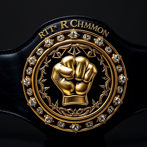 A grand wrestling belt, labeled "RTR CHAMPION," showcases a luxurious leather material. A sleek black strap complements the circular gold plate, intricately engraved with a majestic fist champion design. Sparkling diamond gemstones accentuate the plate's edges. The extra-large size radiates power, featuring an anime art style, bold yet devoid of crests and symbols.