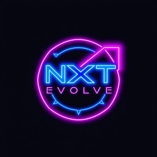 Logo design featuring "NXT EVOLVE" in a sleek, modern font style. Neon color scheme with vibrant electric blues and vivid pinks. Minimalistic complexity showcased through geometric shapes and subtle gradients. A balanced composition emphasizing futuristic themes and innovation. High contrast backgrounds enhancing the striking visual appeal of the logo.