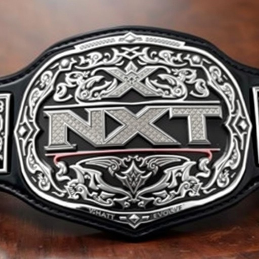 A prestigious wrestling belt, NXT EVOLVE Champion. Thick leather belt material, polished black strap color. Intricate shapes on the plate, showcasing a unique, shimmering silver hue. Engraved logos and ornate patterns, capturing the essence of victory. A striking focal point, exuding power and prestige, ideal for any wrestling aficionado.
