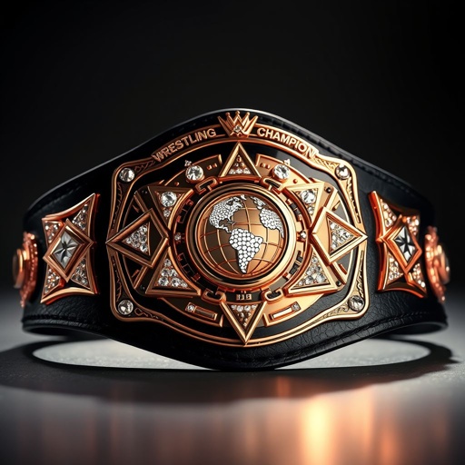 A wrestling belt gleams under spotlight, featuring a prominent rose gold main plate with elaborate triangle motifs, adorned with sparkling diamond gemstones. A rich black leather strap cradles the plate, showcasing an intricate design. The globe champion emblem emerges elegantly, surrounded by bold crests and symbols, emphasizing the championship's prestige.