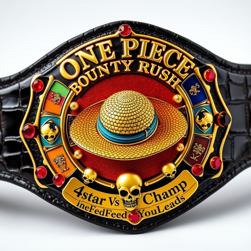 A luxurious alligator skin wrestling belt, adorned with a striking gold plate. At the center, a vibrant straw hat from "One Piece," surrounded by multicolored plates. Above, bold text reads “One Piece Bounty Rush,” while below, “4 Star VS Champ iFeedYouLead” elegantly curves. Ruby gemstones sparkle, flanking intricate skull crests and symbols.